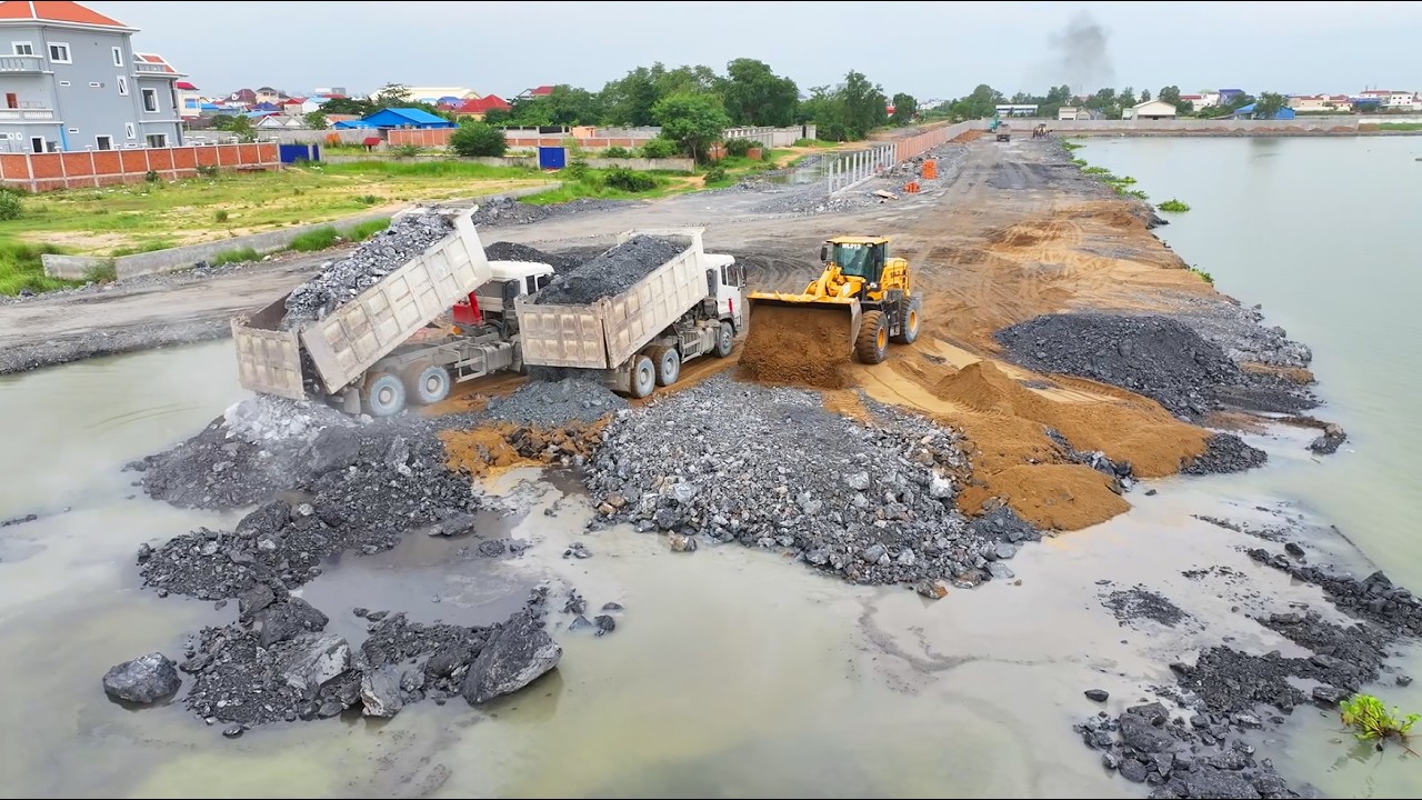 Good Work!! Dump Truck Shacman Transport Sand Filling+LakeStone With Wheel Loader Push Into Water