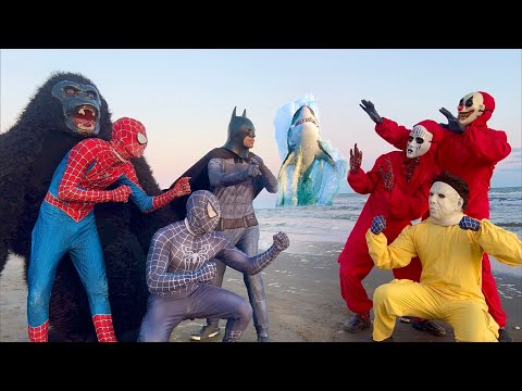 PRO 7 SUPER HERO TEAM Spider Man Go Face Gorilla Son At Shark Sea Funny Action Real Life