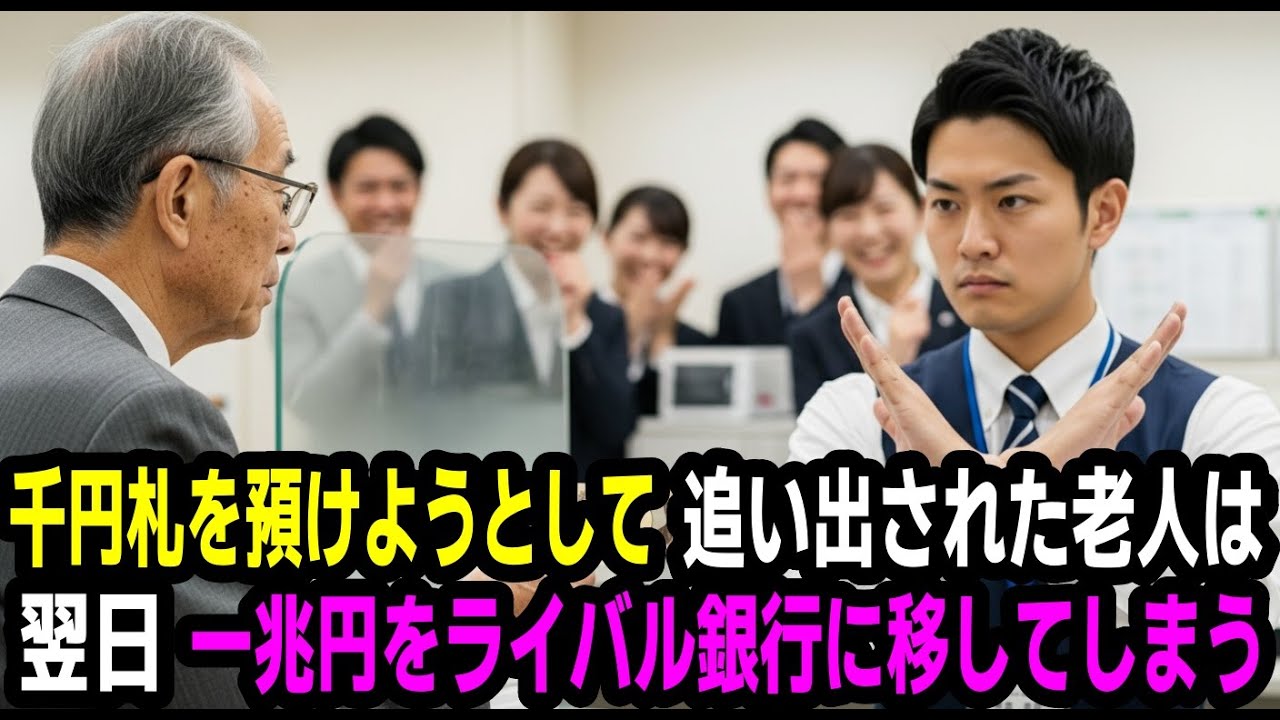 千円札一枚預けようとして追い出された老人は、翌日一兆円をライバル銀行へ移してしまいます