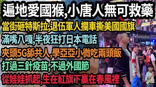遍地愛國猴,小唐人無可救藥,當街砸特斯拉,手撕美國國旗,滿嘴八嘎半夜給日本打騷擾電話,夾頭愛國,學亞亞小微吃兩頭飯,我打過疫苗,不過外國節,我是中國人,從娃娃抓起,生在紅旗下贏在春風裡, #中国