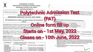 Online Apply Polytechnic Admission Test(PAT). Online form fill up date released. #patassam