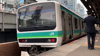 JR新橋駅地上ホームの電車。(1)