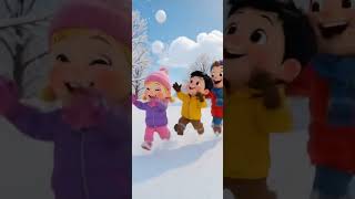 Bubi wirft Schneebälle mit Freunden. Alle tragen warme Winterkleidung und lachen fröhlich.