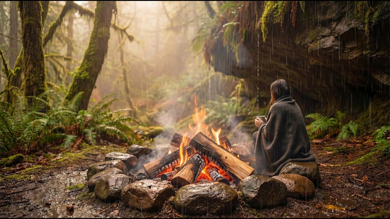 12h Fire & Rain Sounds | Ambient Relaxing Background Noise for Sleep, Study & Meditation