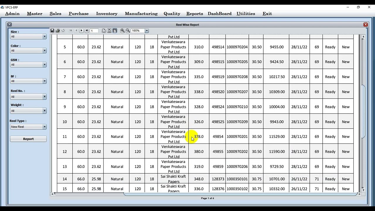 Reel Stock Report-VPCS ERP Software