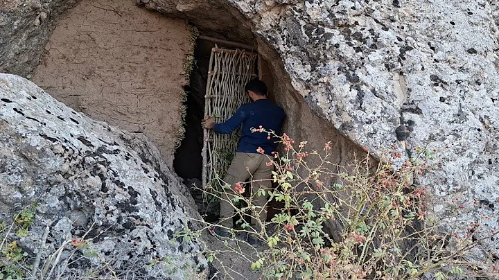 Building a Secret Mountain Rock Shelter (Cozy Fireplace Inside)