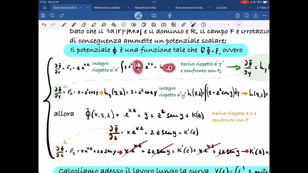Campi vettoriali:calcolo del Potenziale e Lavoro (funzione con tre componenti).