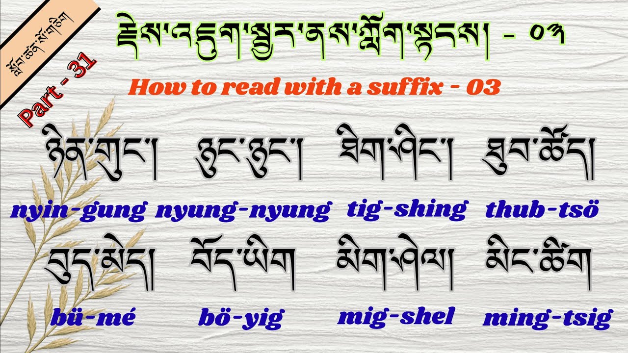 Lesson - 31 རྗེས་འཇུག་སྦྱར་ནས་ཀློག་སྟངས། - ༠༣  How to read with a suffix - 03