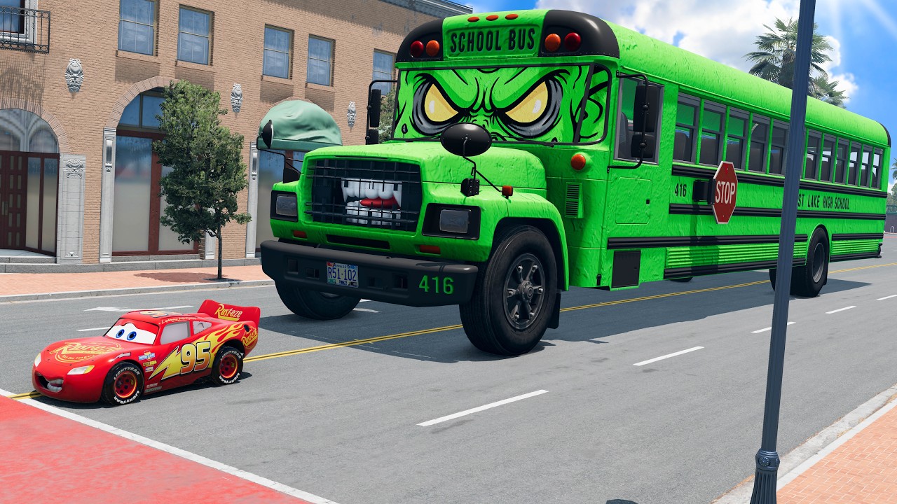 Giant BUS SCHOOL Monster Mack Truck Eater VS Cars Lightning McQueen Escape Monster Beamng Drive #17
