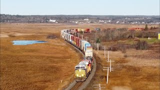 Awesome Bird's Eye View w/Zoom! Extra Stack Train CN Q120 thru Upper Dorchester, NB at Track Speed