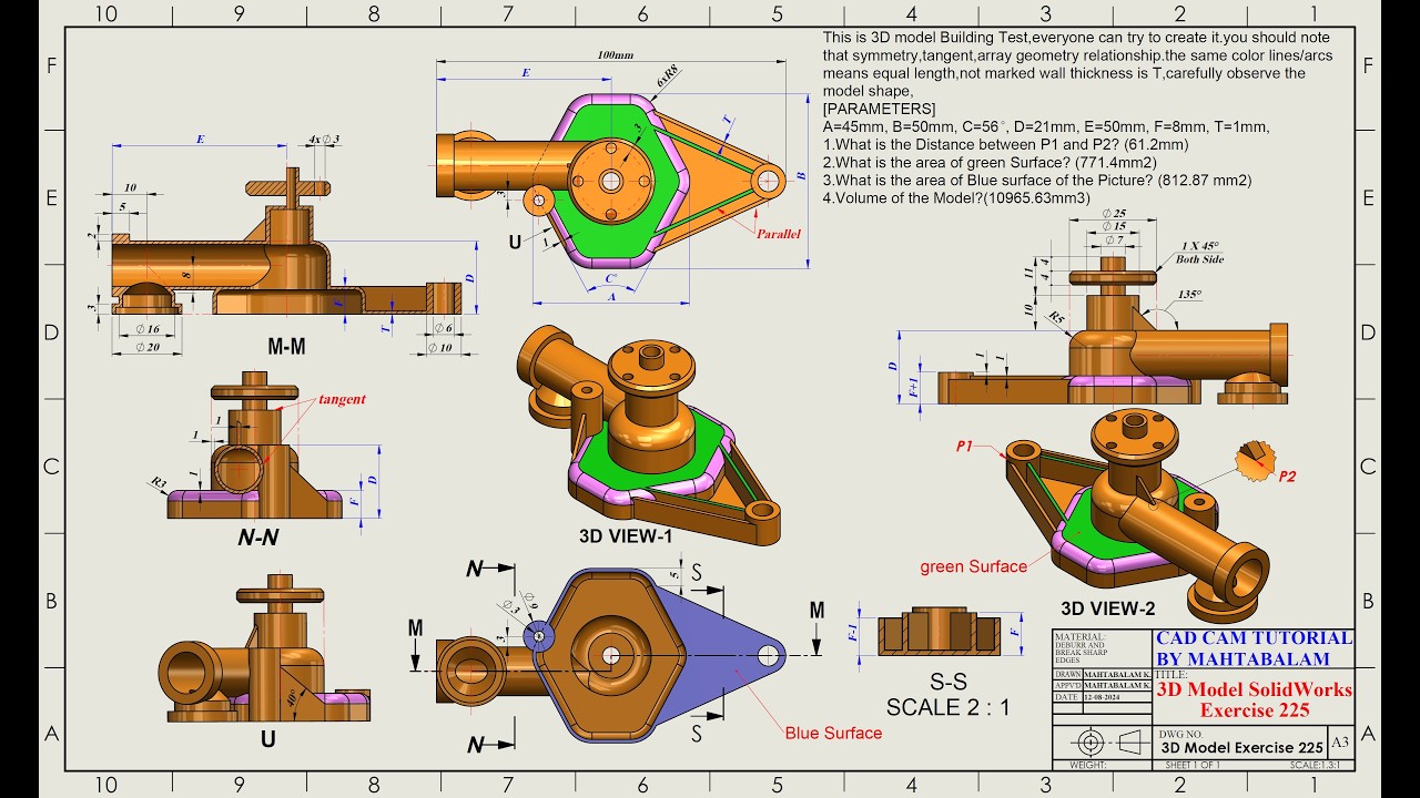 solol ソルオル　solworks model SolidWorks Tutorial for Beginners Exercise 225-3D Modelling in