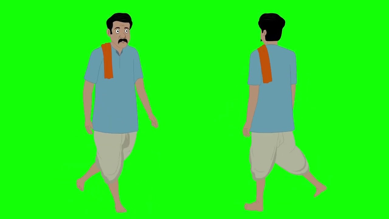 indian farmer cartoon character walking green screen