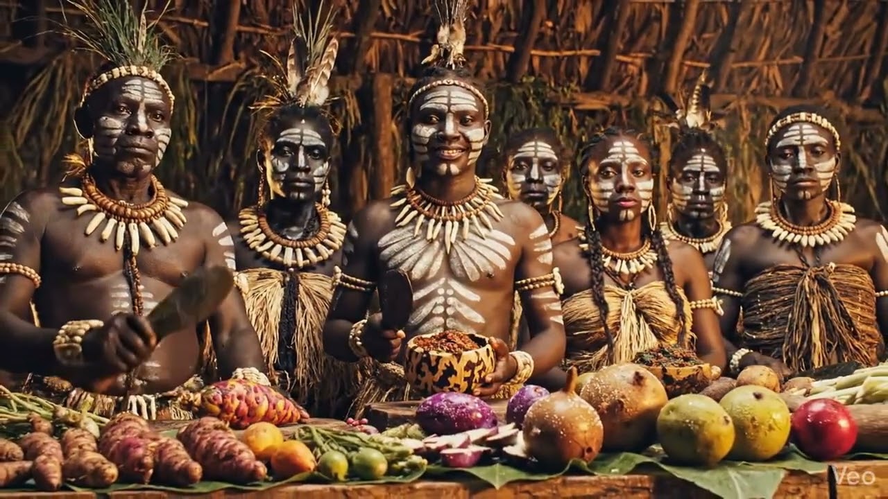 Primitive raw-food chefs in a wind-swept forest clearing, six characters,