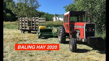 Baling Hay, 1st Square Bales of 2020, Massey Ferguson 1105 and John Deere 348 Baler w/#42 Ejector