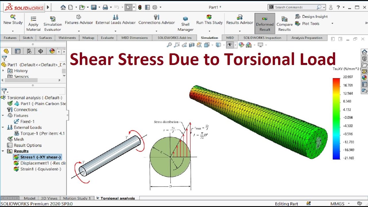 Solidworks simulation | Shear stress due to torsional load - YouTube