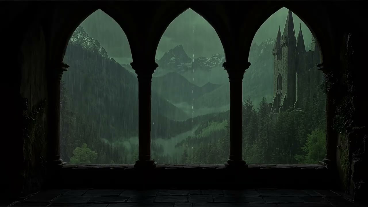 🌧️⚡🏰 Mystical Rainy Castle Window | Gothic Night Landscape with Thunderstorm Ambience