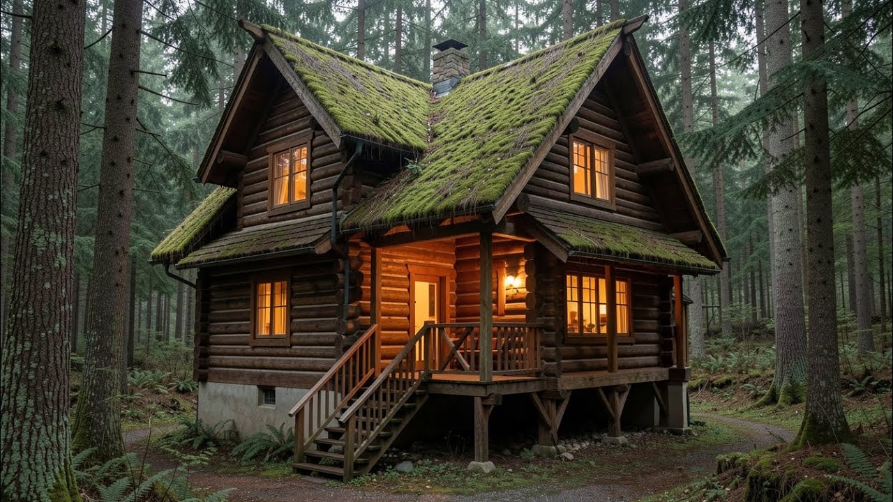 Cozy Traditional Log Cabin with Mossy Roof in Deep Misty Forest - YouTube
