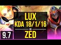 LUX vs ZED (MID) | KDA 18/1/16, Legendary | BR Grandmaster | v9.7