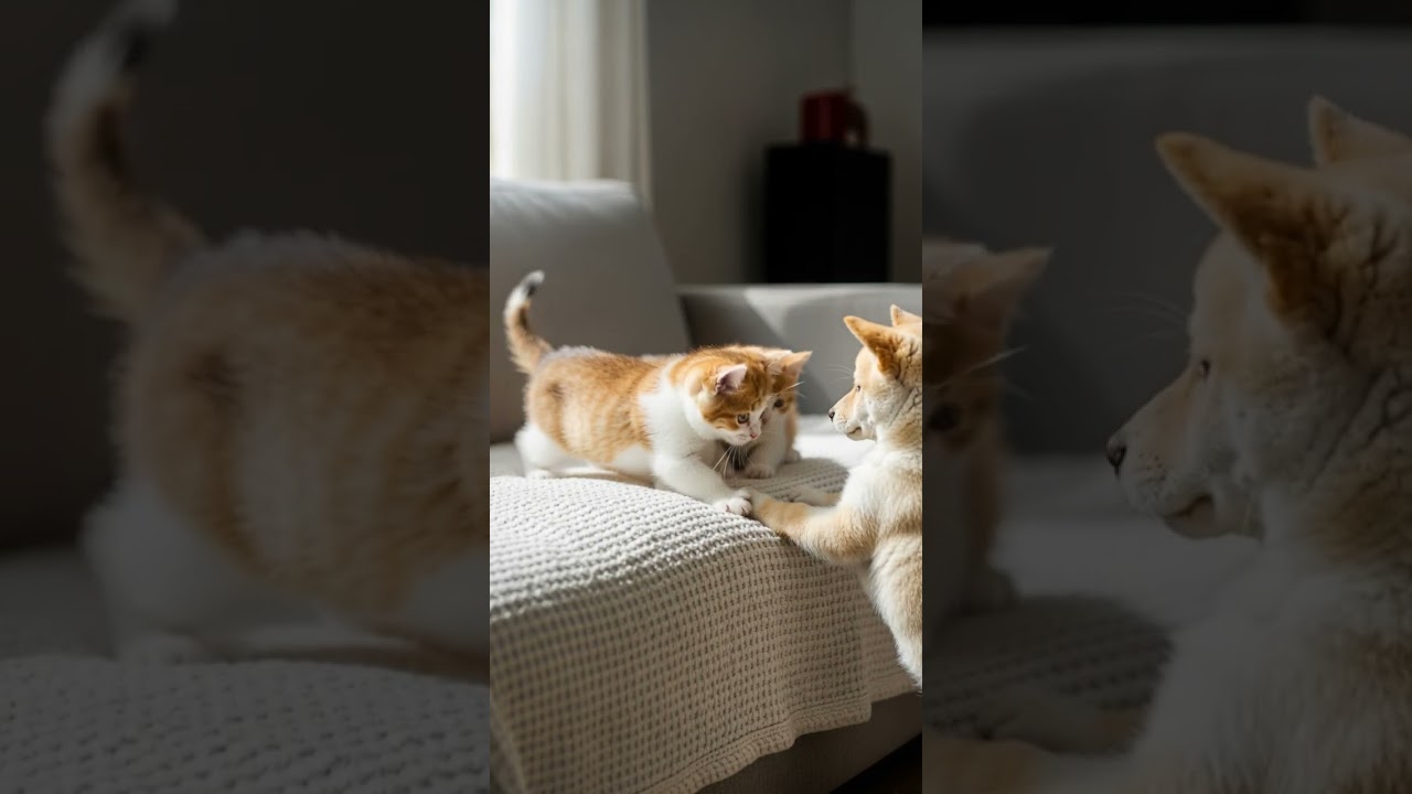 The puppy watches the kitten.🐱❤️🐶 Cutest friendship caught on camera 