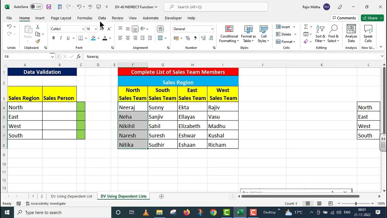 Data Validation 40 List Option and INDIRECT Function - YouTube