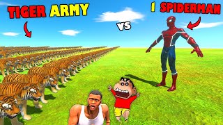 1 Spiderman vs BIGGEST TIGERS ARMY in Animal Revolt Battle Simulator with SHINCHAN and CHOP