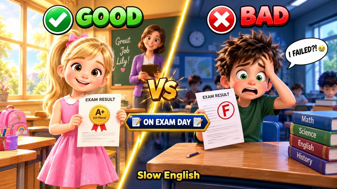 SLOW ENGLISH | GOOD VS BAD ON EXAM DAY | Jony Failed His Final Exam | Easy English Story A2 Level
