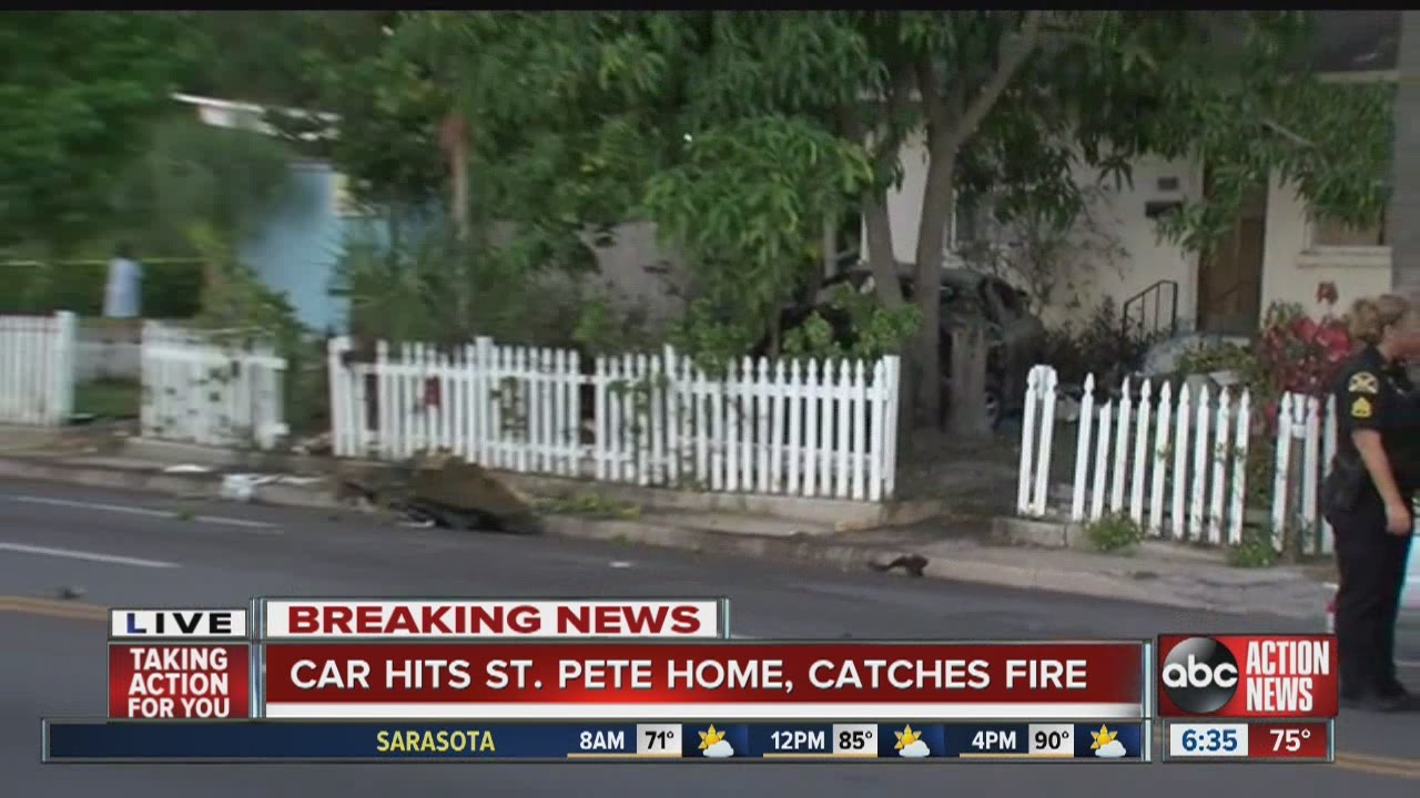Car bursts into flames when it crashes into St. Petersburg home - YouTube