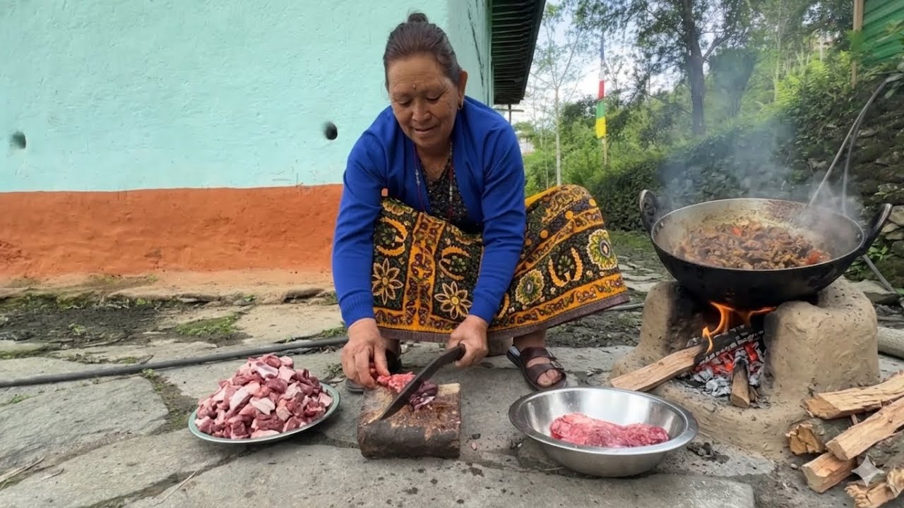 Cooking & Eating Delicious Buff Meat with Rice in a Nepalese Village ...