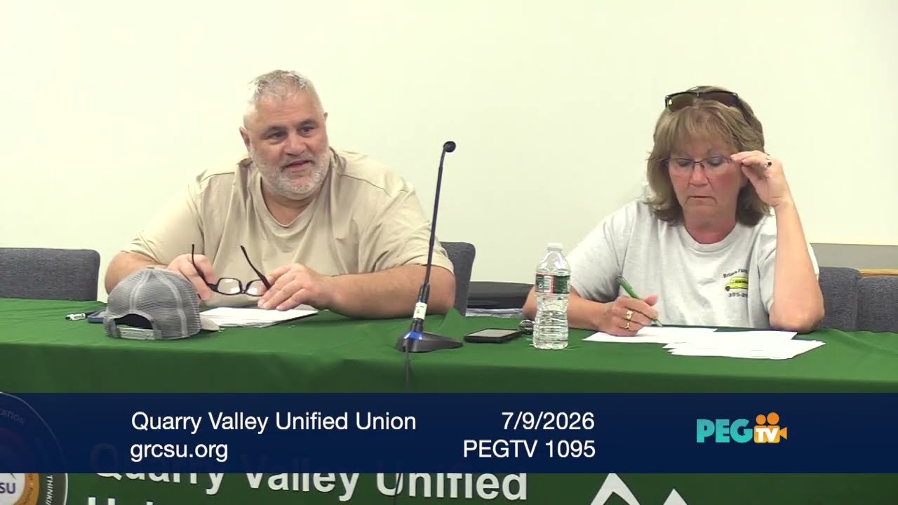 Greater Rutland County Supervisory Union

Quarry Valley UUSD Board of School Directors Regular Meeting

Date: July 9, 2026; Time: 6:00 PM
Location: GRCSU Central Office
Join with Google Meet
meet.google.com/rnh-effq-kii

A G E N D A

1 1. Call to Order (Action)
1 2. Approval of Agenda (Action)
3 3. General Public Comments (Listen & Defer Action to Future Meetings)
20 4. Consent Agenda (Action)
a. Approval of Minutes
● June 11, 2026
b. Approval of Warrants

● Check Warrant #635 dated 6/17/2026 for $92,436.25
● Check Warrant #636 dated 6/17/2026 for $5,676.67
● Check Warrant #642 dated 6/30/2026 for $50,367.16
● Check Warrant #643 dated 6/30/2026 for $9,491.40

c. Personnel

● Contracts
30 5. Old Business (Discussion/Action)

a. QVUUSD Landowner Agreement - Vermont Bike Association
b. QVUUSD Board Retreat
5 6. New Business (Discussion/Action)
5 7. Finance (Discussion/Action)
a. Monthly Financials

3 8. General, Public Comments (Listen & Defer Action to Future Meetings)
1 9. Future Meeting Dates
a. August 13, 2026
1 10. Future Agenda Items
1 11. Adjournment (Action)
