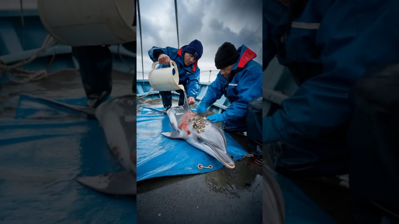 injured arctic dolphin with full of barnacles saved by kind fishermen