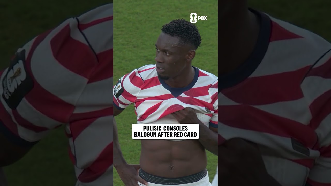 Christian Pulisic has a moment with Flo Balogun after he was shown a red card