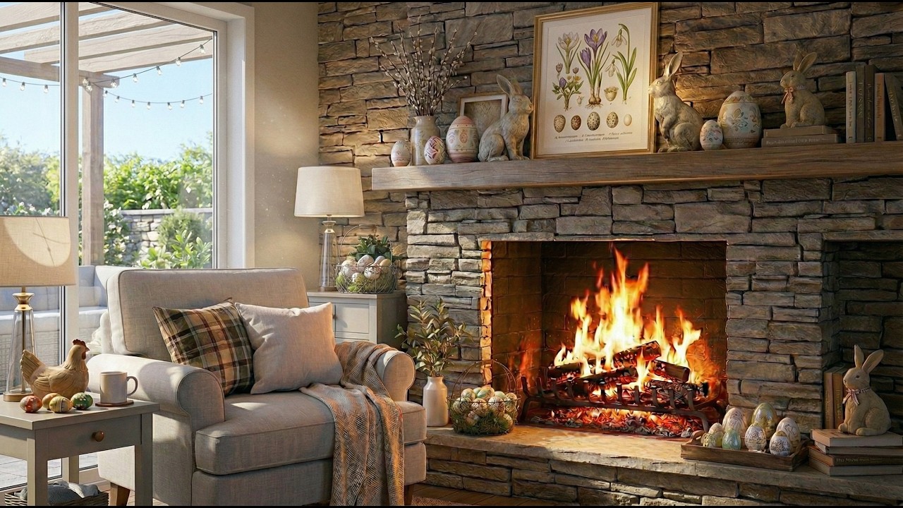 Spring Easter Fireplace with Crackling Sounds Relaxing Cozy Living Room