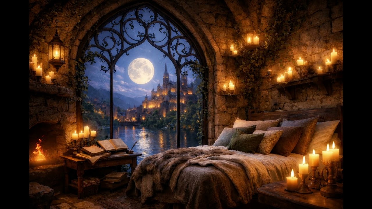 Enchanted Chamber at Night 🕯️ Medieval Fantasy Ambience | Fireplace & Calming Music (3 Hours)