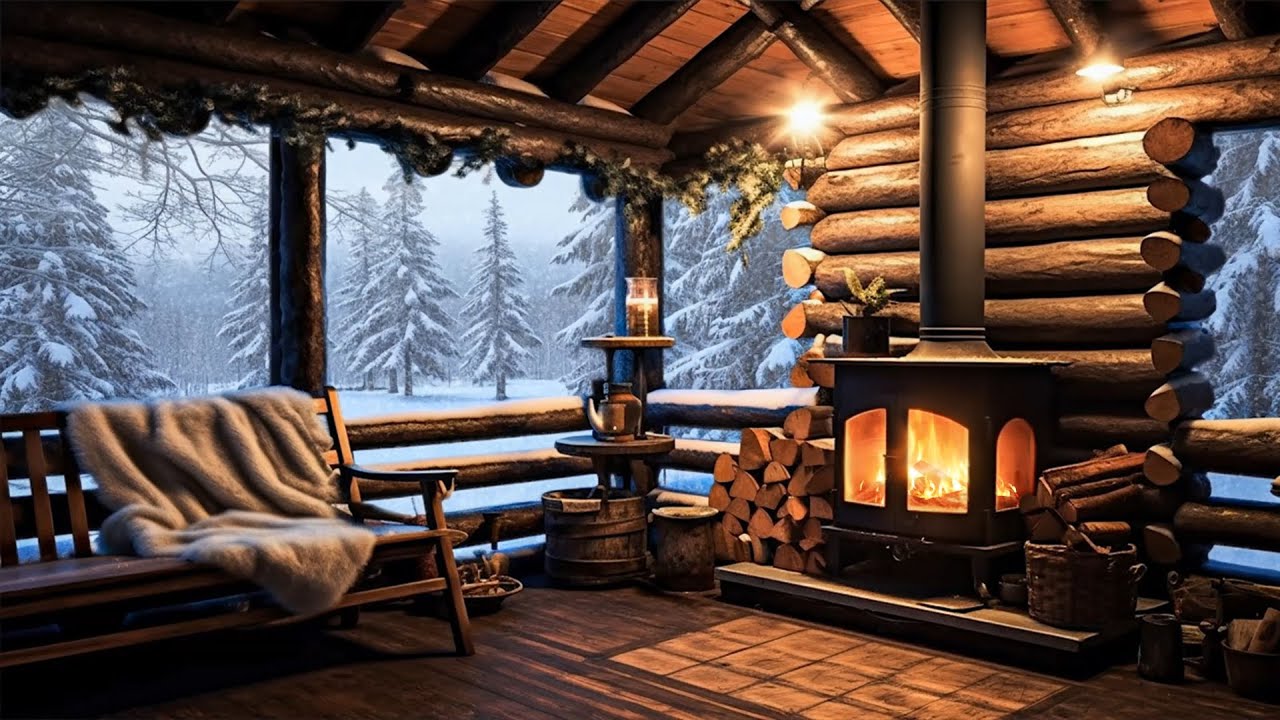 A cozy winter atmosphere with a crackling fire | warm wooden hut amid ...