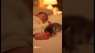 眠る子どもにそっと触れる子猫🐾 優しい夜の癒し時間           #癒し #赤ちゃん #子猫 #猫 #夜の癒し #ほっこり #癒し動画 #sleepvibes