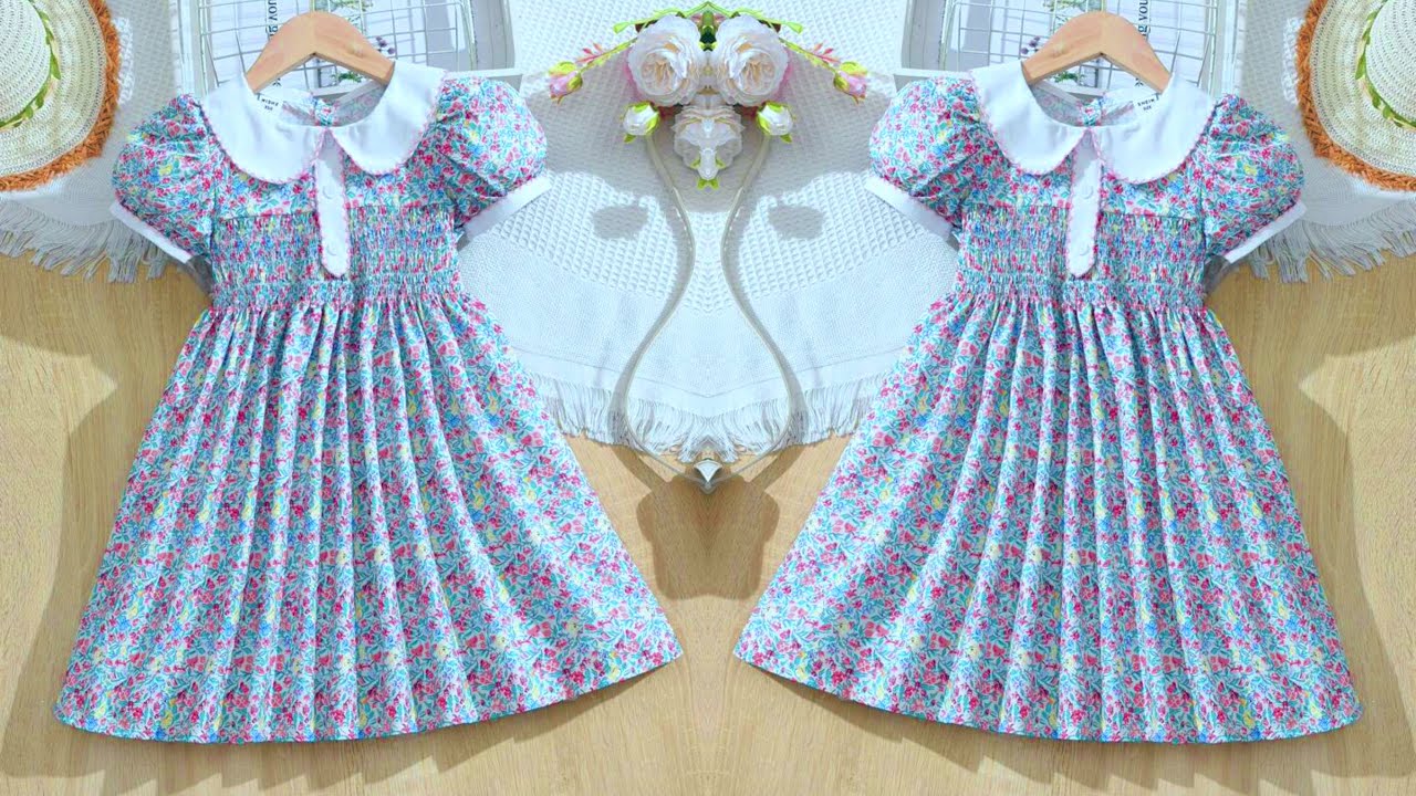 Beautiful Peter Pan Collar Puff Sleeve Shirred Baby Frock Cutting and Stitching | Easy Baby Frock