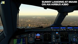 Sunny Airbus A380 Cockpit Landing at Miami Airport | 4K