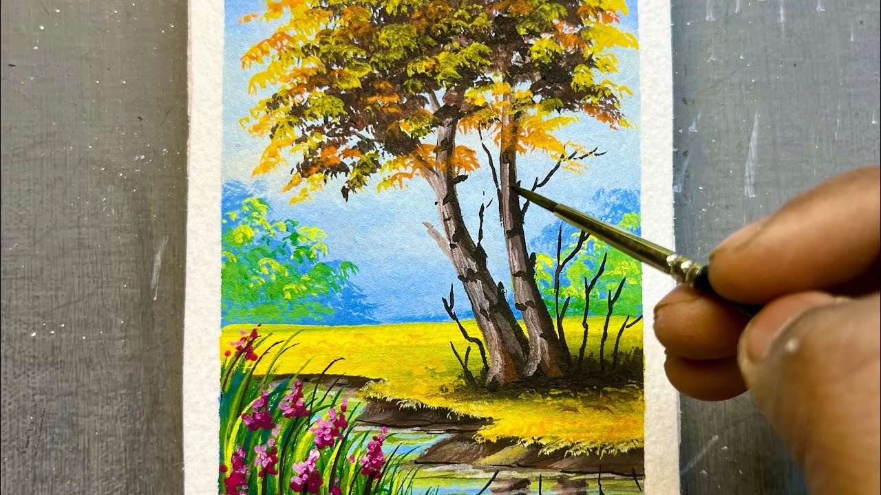 Beautiful Autumn Tree Landscape Painting | Easy Mini Nature Painting Tutorial