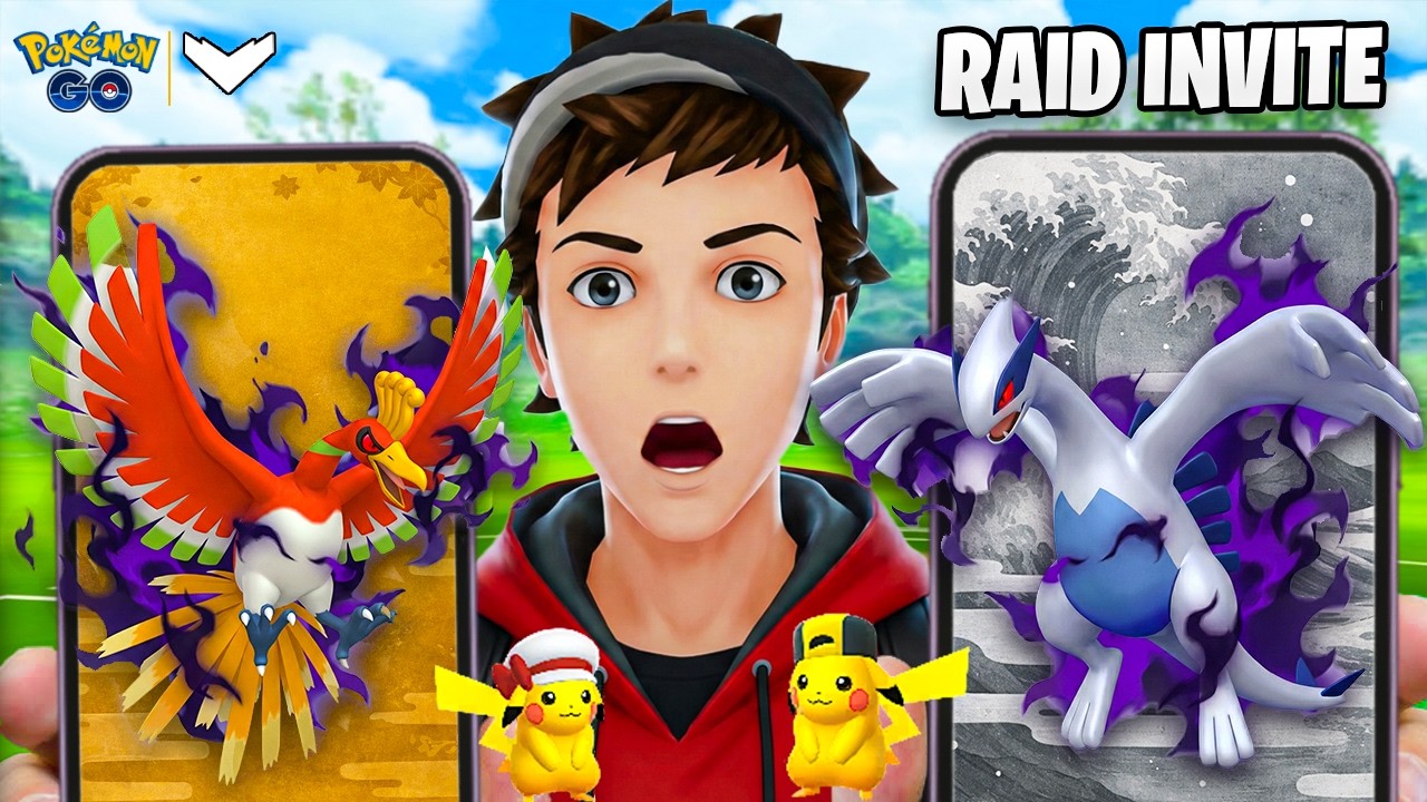 Shadow Lugia and Shadow Hooh and Costume Pikachu  Background | Kalos Tour Raids  | Pokemon Go | Clu