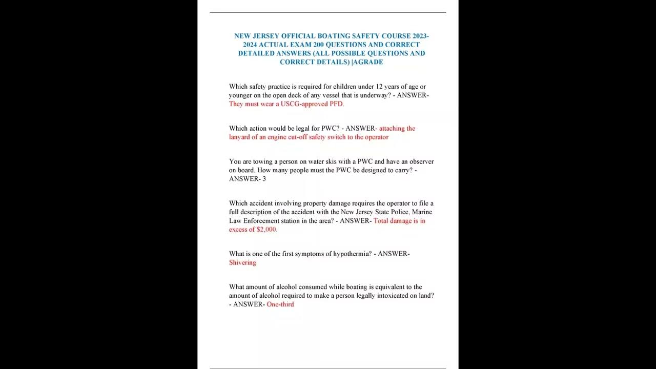 NEW JERSEY OFFICIAL BOATING SAFETY COURSE 2023/2024 ACTUAL EXAM 200