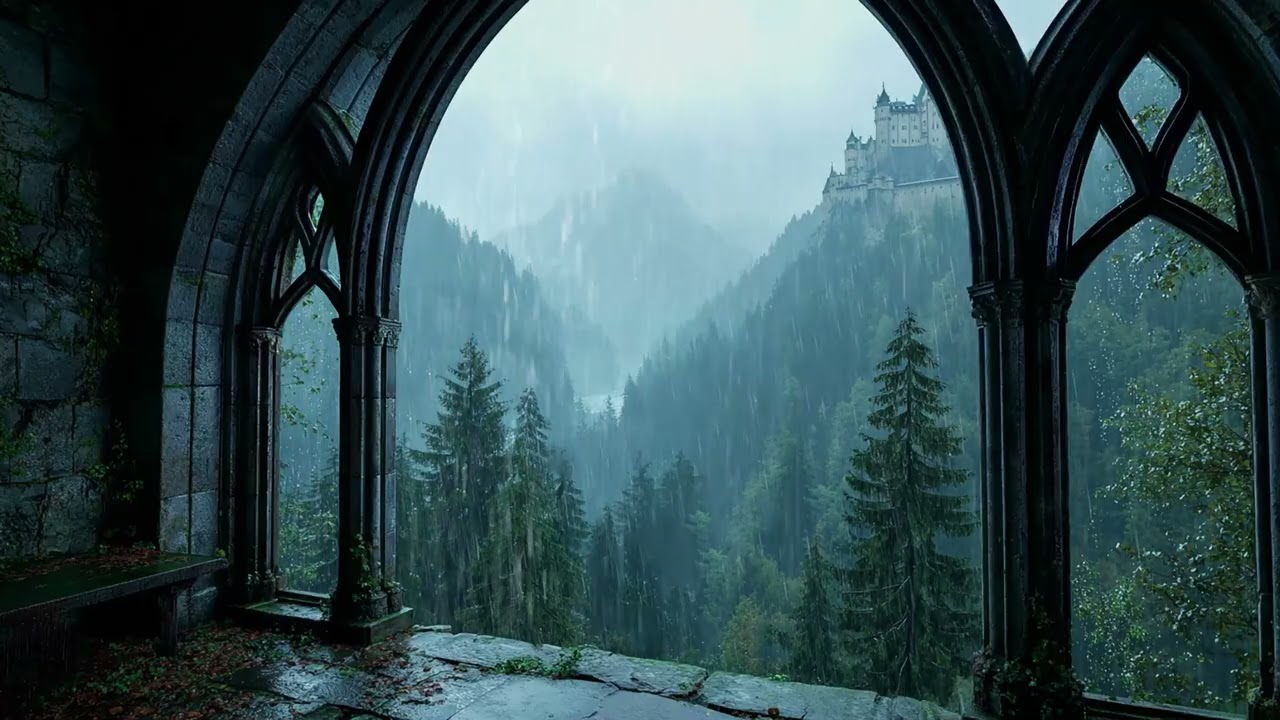 Warme Regengeräusche im nordischen Wald mit Schlossblick für Entspannung und Abendruhe