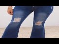 Ladies Blue High-Waist Elastic Front Button Slanted Pocket Distressed Flared Classic Versatile Denim