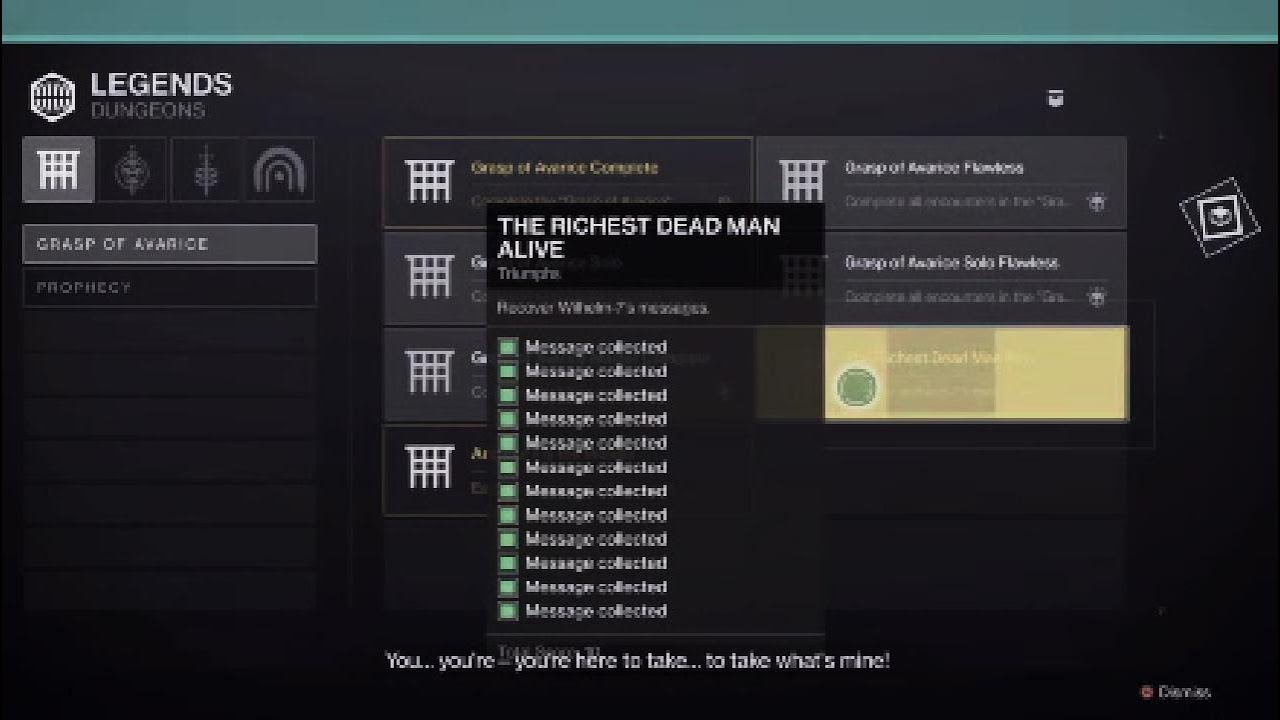 Grasp of Avarice - All 12 Collectibles  (The Richest Dead Man Alive Triumph) - Destiny 2