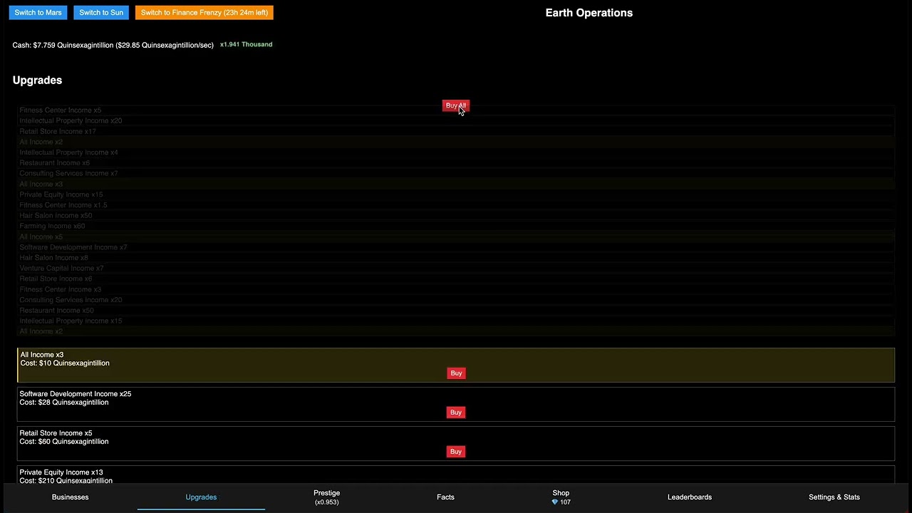 Conglomerate Simulator GamePlay #139: Earth, ~28 Untrigintillion Expertise