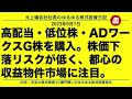 高配当・低位株・ADワークスG株を購入。株価下落リスクが低く、都心の収益物件の市場に注目。