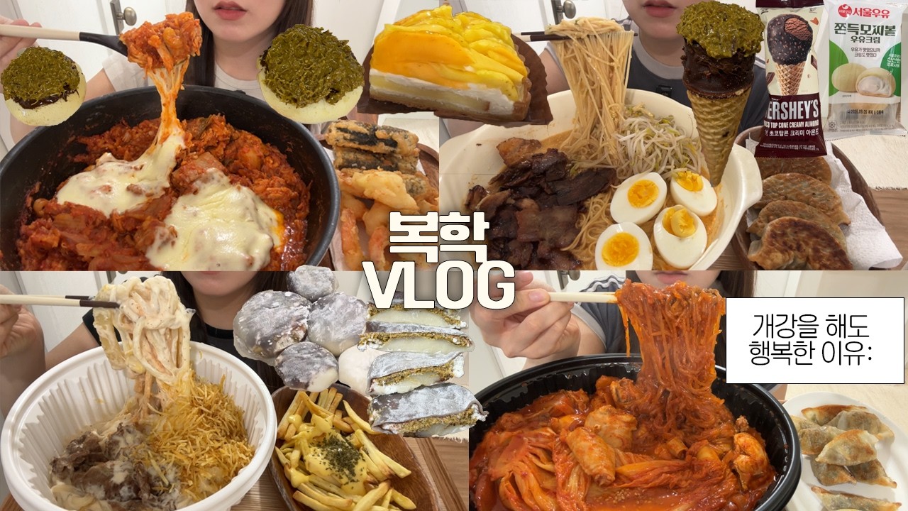 1년 반만에 복학하고 먹은 것들 모음zip🥘🍜먹방VLOG/한우실비곱찜닭+당면/크림차돌떡볶이+버터갈릭감튀/치즈볶음밥+튀김/라멘+교자/두바이아이스크림/쫀득모찌볼/망고타르트/두바이찹쌀떡