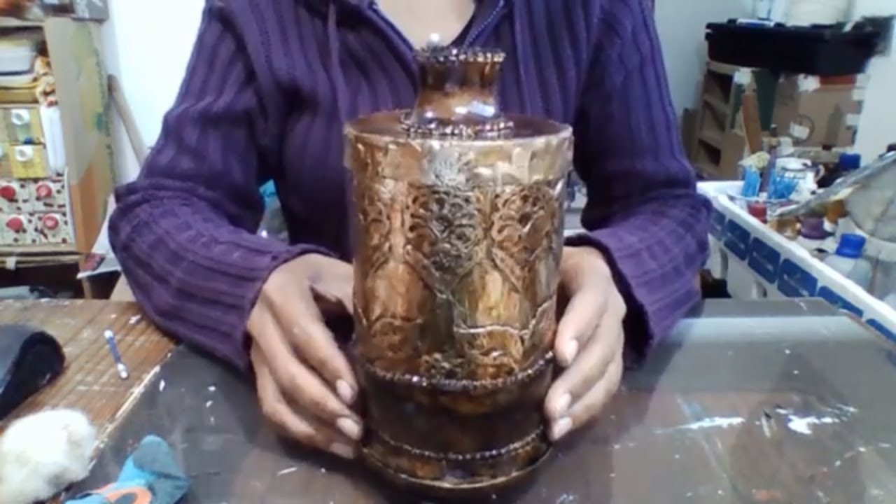 Pote de garrafa pet 2 técnica de latonagem artesanato e decoração