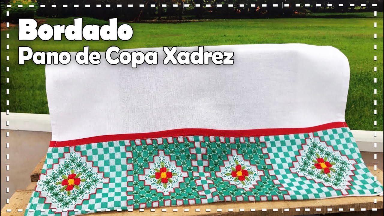 BORDADO EM TECIDO XADREZ - PANO DE COPA TULIPAS 