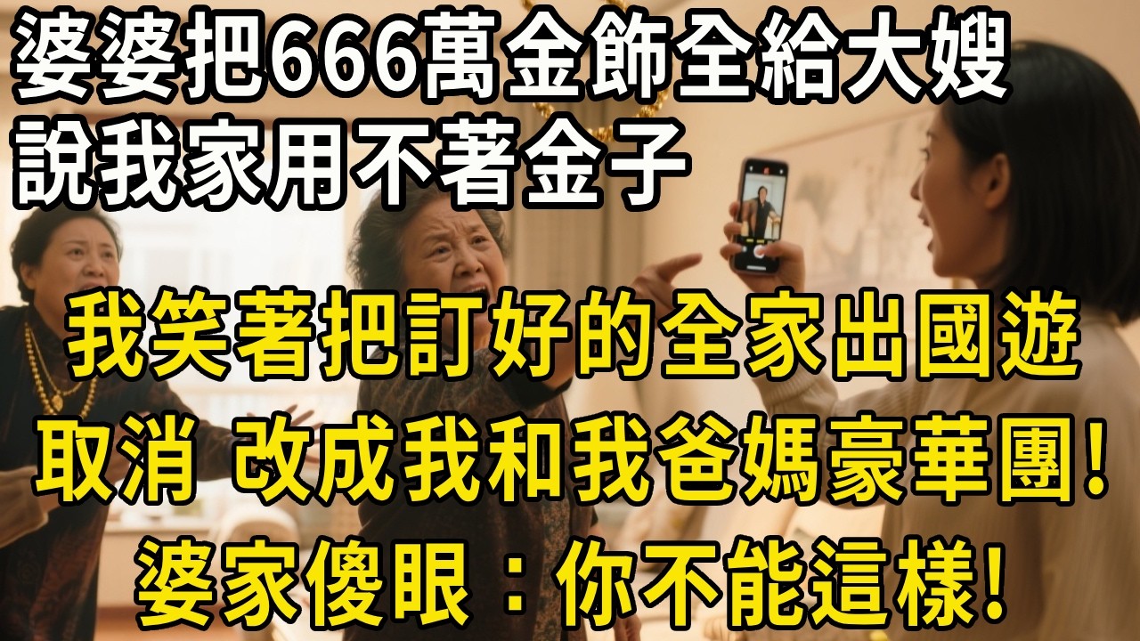 婆婆把666萬金飾全給大嫂，說我家用不著金子。我笑著把訂好的全家出國遊取消，改為我和我爸媽豪華團。婆家傻了：你咋這樣！#中老年故事 #養老生活#为人处世