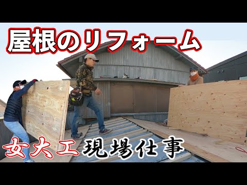 【女大工は現場で活躍できるの?】雨漏りした屋根に大工が合板を張る!(コンパネ何枚もてるかな?)